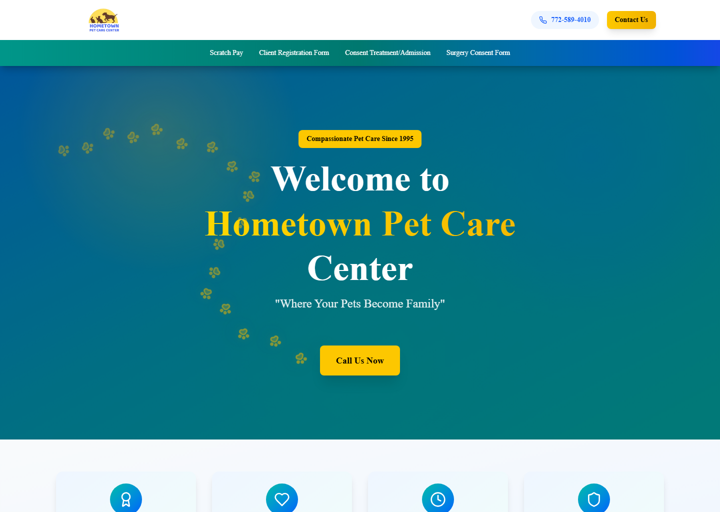 Hometown Pet Care Center live website screenshot